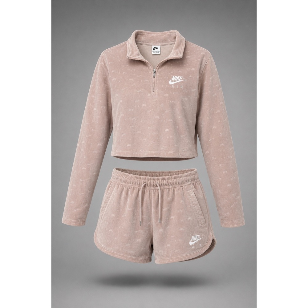 Nike Air Velour 2 Piece Set Pink Quarter Zip Crop Top XXL & Shorts XL DD5443-601